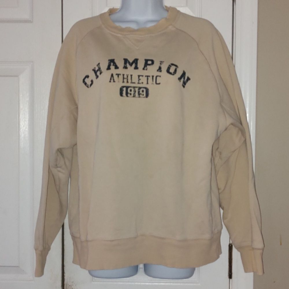 Champion light tan sweatshirt with raw collar trim  Sz M